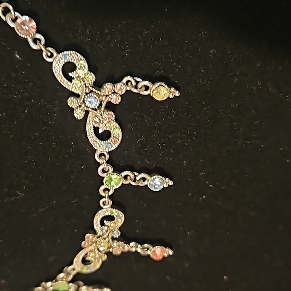 YCLM Pastel Rhinestones on Filagree Silvertone 15" Long w/ 4" Extension Necklace - Picture 5 of 8
